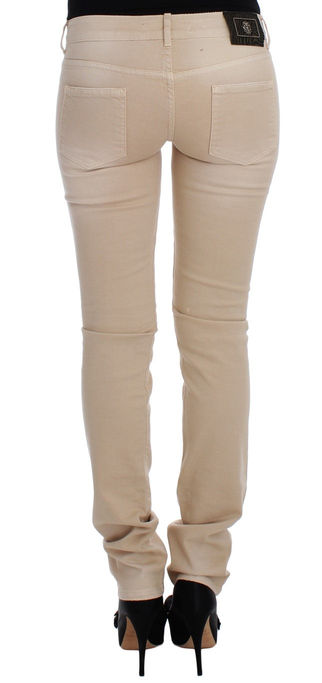 Beige Cotton Stretch Slim Fit Jeans - GLAMHUB BOUTIQUE 