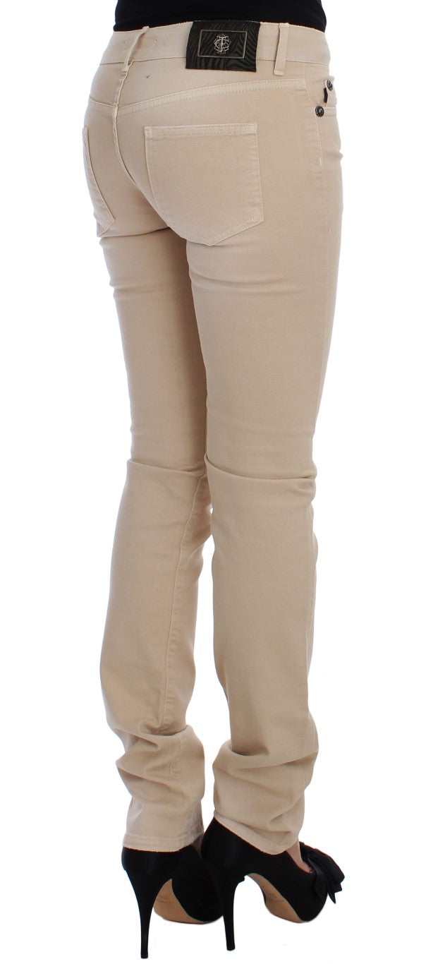 Beige Cotton Stretch Slim Fit Jeans - GLAMHUB BOUTIQUE 