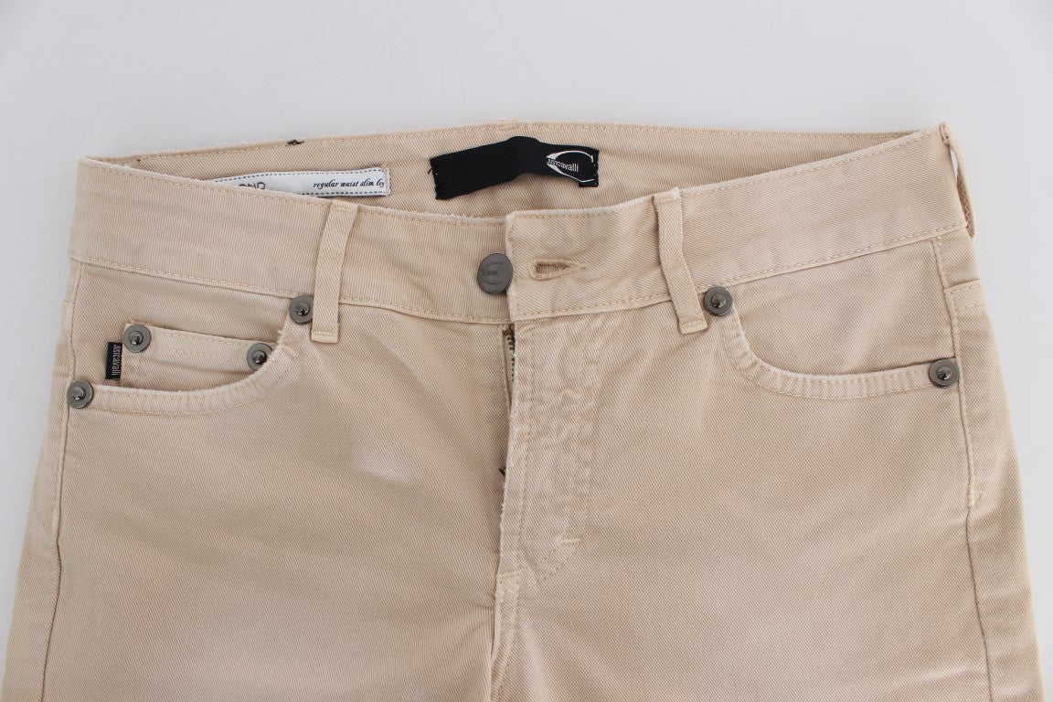 Beige Cotton Stretch Slim Fit Jeans - GLAMHUB BOUTIQUE 