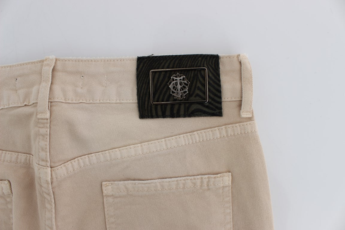 Beige Cotton Stretch Slim Fit Jeans - GLAMHUB BOUTIQUE 