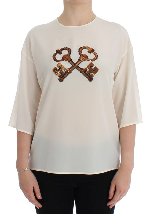 Ivory Sequined Silk Blouse Top - GlamHub Luxury and Icon Brand Clothing