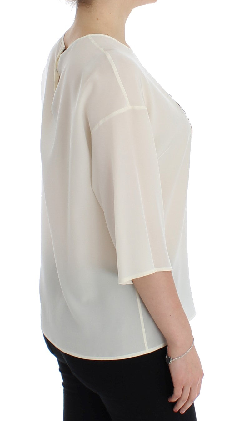 Ivory Sequined Silk Blouse Top - GlamHub Luxury and Icon Brand Clothing