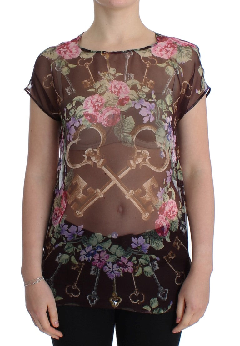 Elegant Floral Silk Blouse with Cap Sleeves - GlamHub Luxury and Icon Brand Clothing