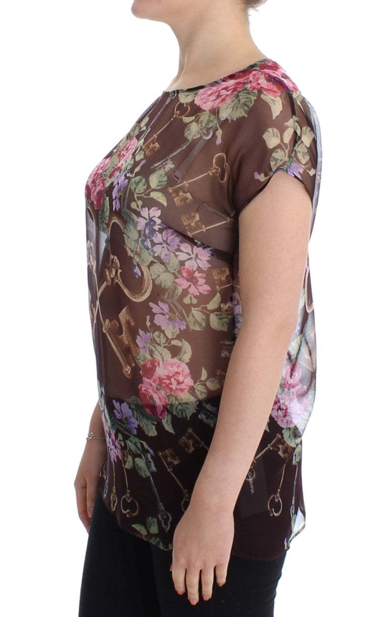 Elegant Floral Silk Blouse with Cap Sleeves - GlamHub Luxury and Icon Brand Clothing