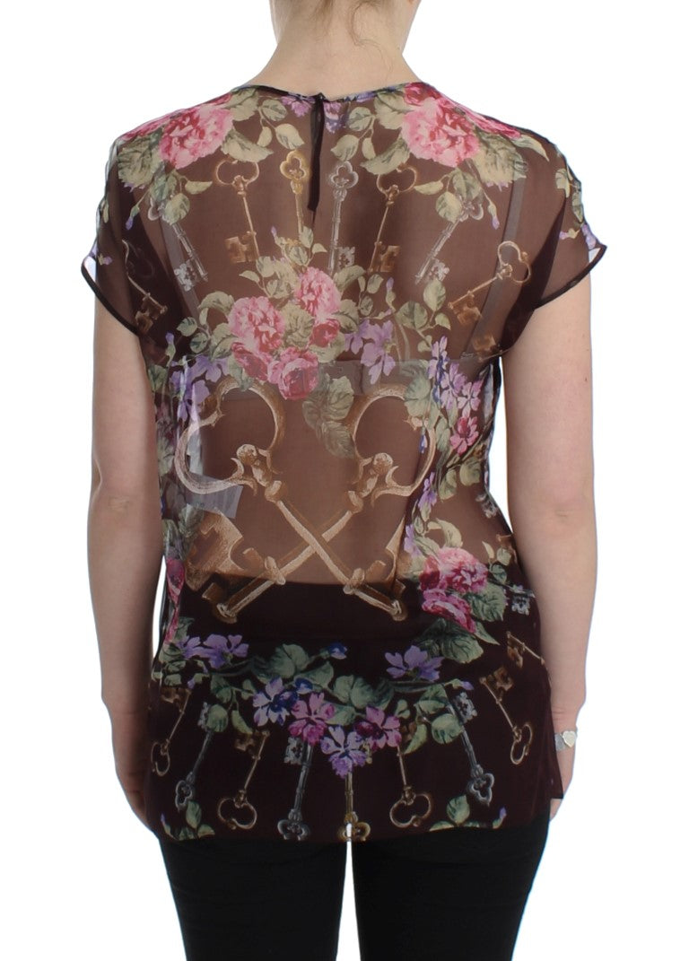 Elegant Floral Silk Blouse with Cap Sleeves - GlamHub Luxury and Icon Brand Clothing