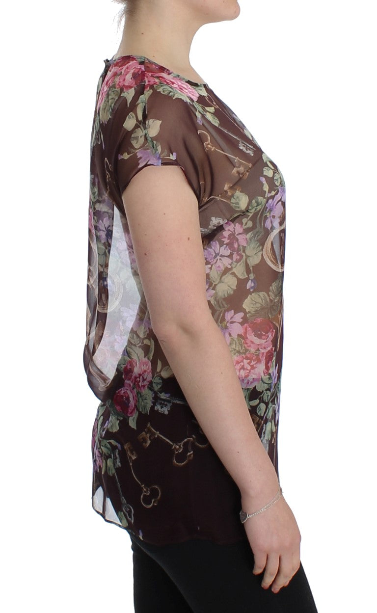 Elegant Floral Silk Blouse with Cap Sleeves - GlamHub Luxury and Icon Brand Clothing