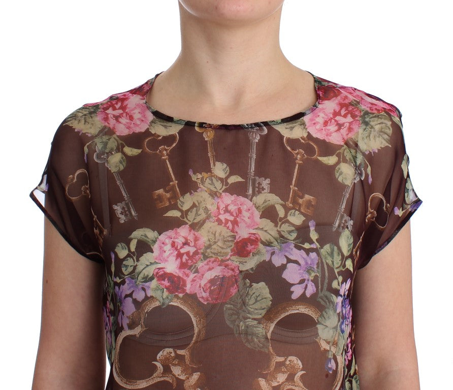 Elegant Floral Silk Blouse with Cap Sleeves - GlamHub Luxury and Icon Brand Clothing