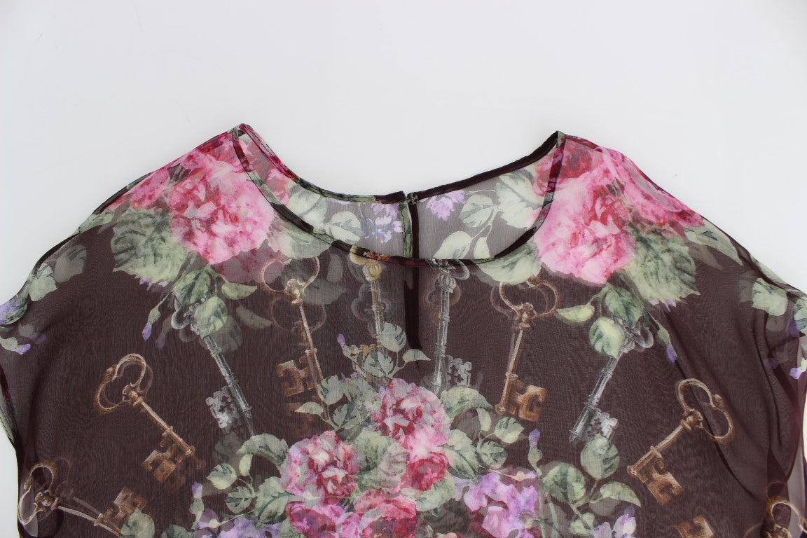 Elegant Floral Silk Blouse with Cap Sleeves - GlamHub Luxury and Icon Brand Clothing