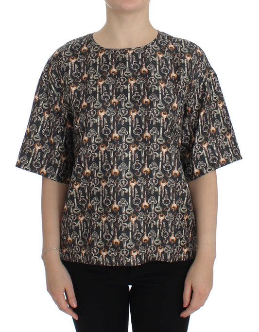 Enchanted Sicily Silk Blouse with Medieval Keys Print - GlamHub Luxury and Icon Brand Clothing