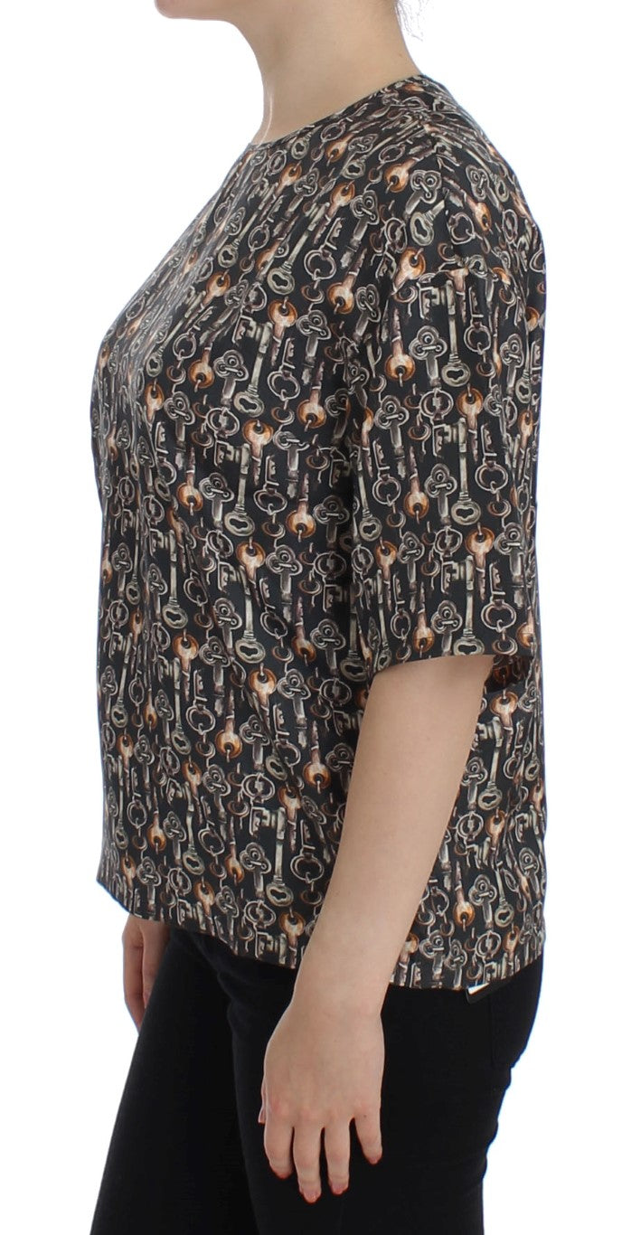 Enchanted Sicily Silk Blouse with Medieval Keys Print - GlamHub Luxury and Icon Brand Clothing