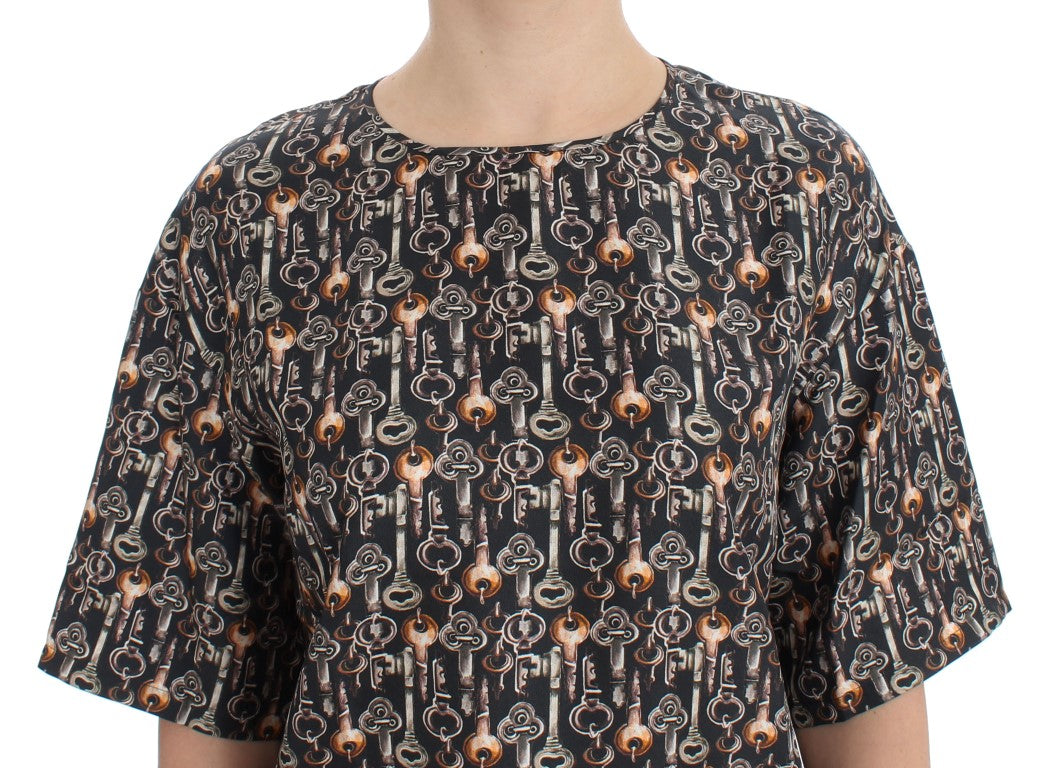 Enchanted Sicily Silk Blouse with Medieval Keys Print - GlamHub Luxury and Icon Brand Clothing