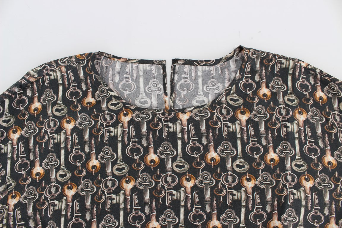 Enchanted Sicily Silk Blouse with Medieval Keys Print - GlamHub Luxury and Icon Brand Clothing