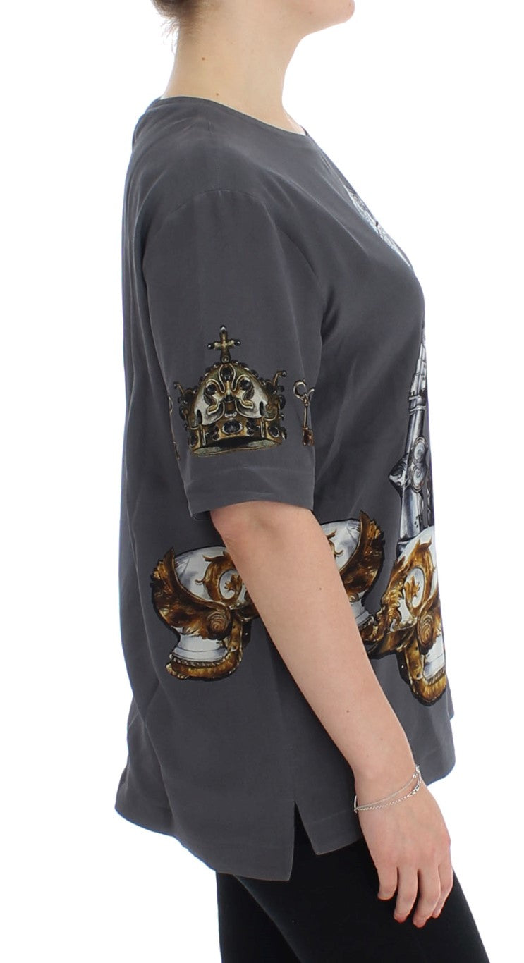 Enchanted Sicily Silk Blouse with Knight Print - GlamHub Luxury and Icon Brand Clothing