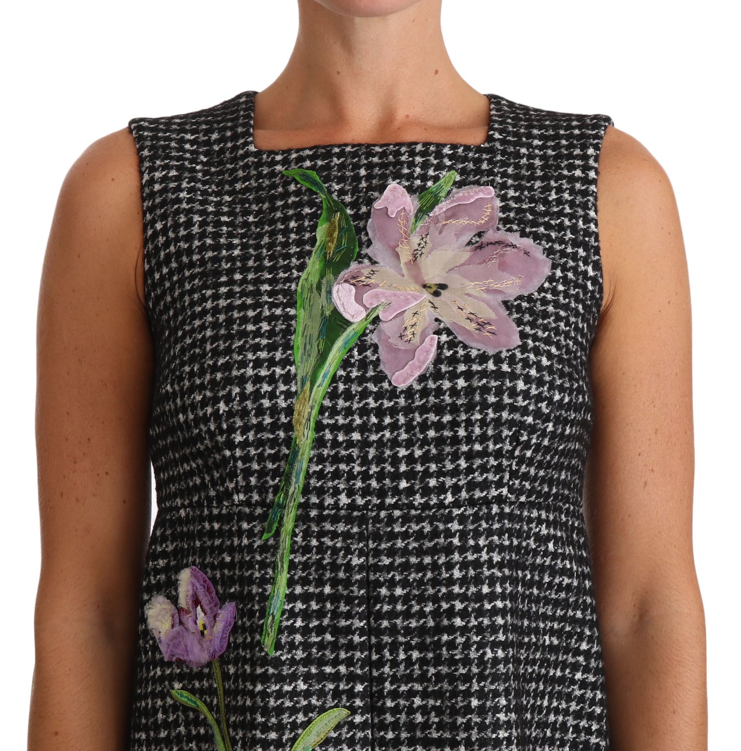 Houndstooth Floral Appliqué Shift Dress - GlamHub Luxury and Icon Brand Clothing