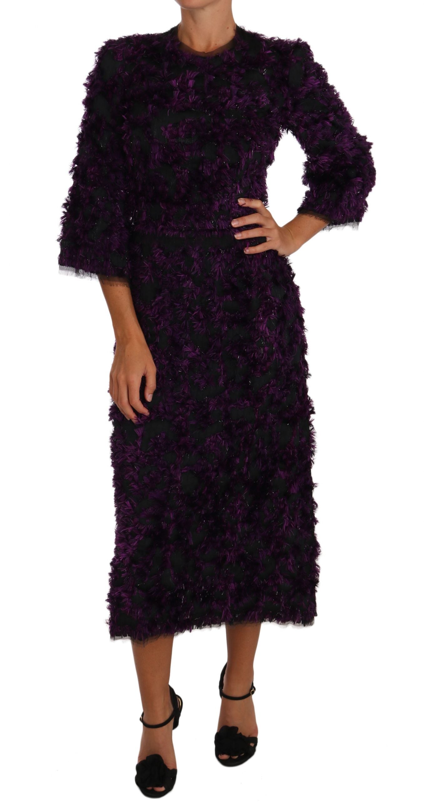 Elegant Fringe Sheath Dress in Purple & Black - GlamHub Luxury and Icon Brand Clothing