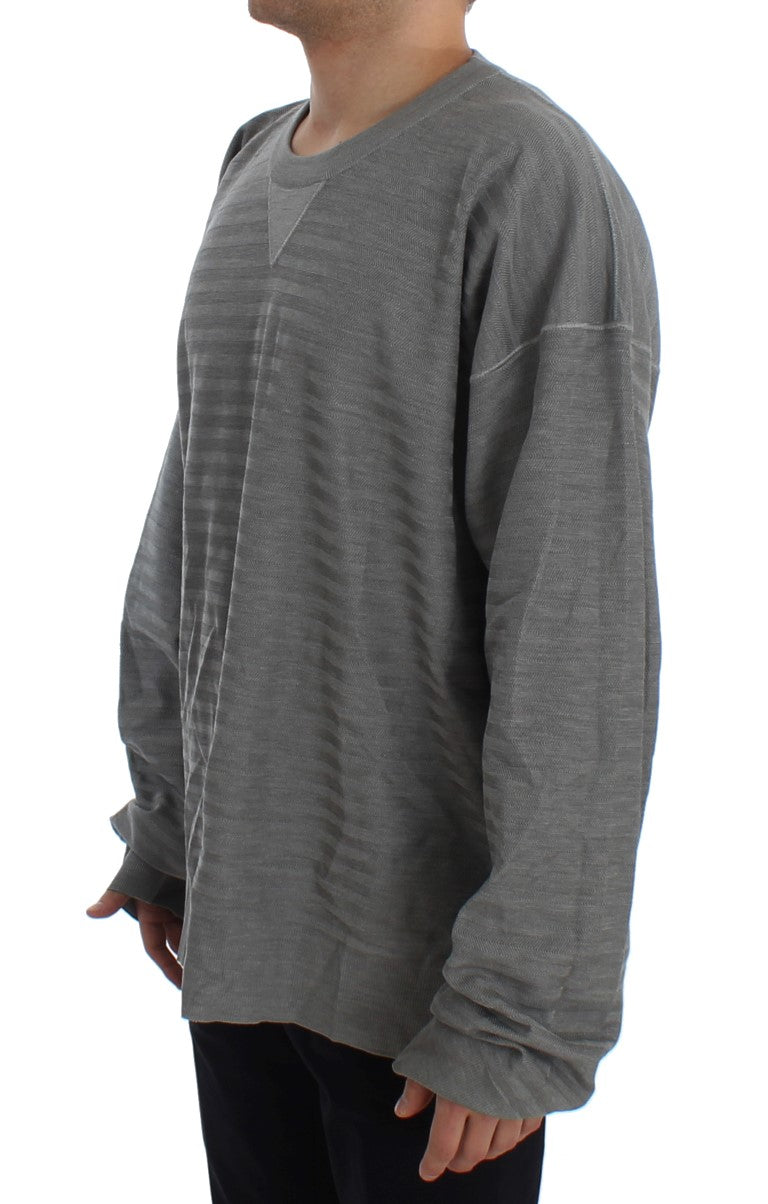 Elegant Gray Silk Crewneck Pullover Sweater - GlamHub Luxury and Icon Brand Clothing