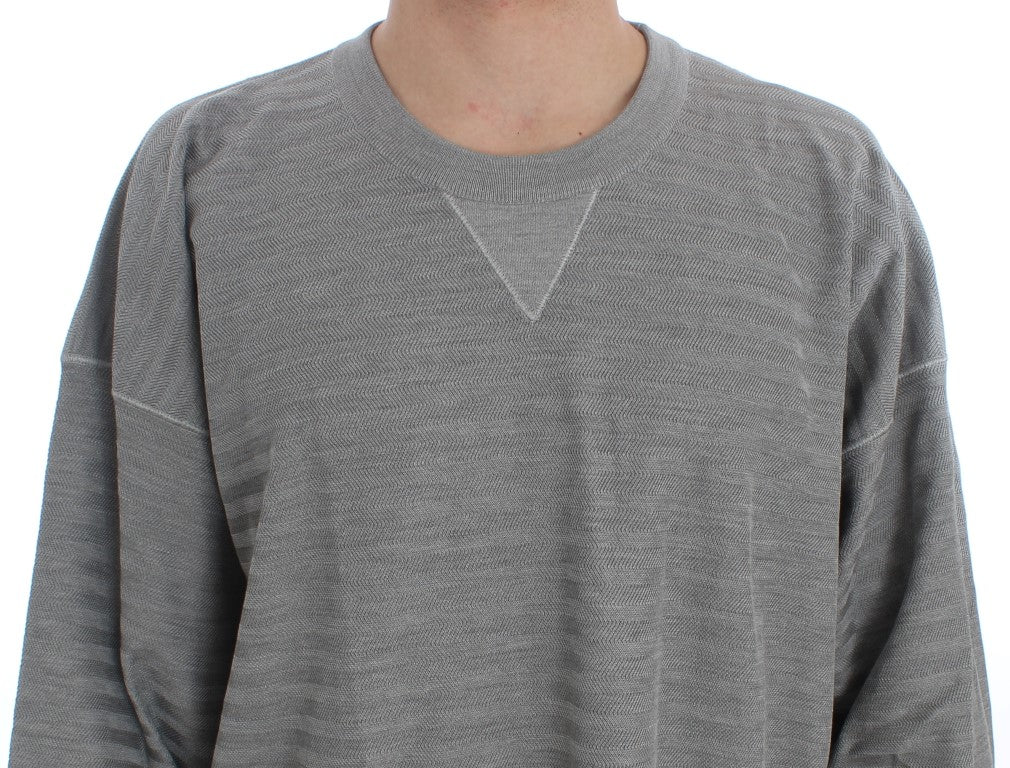 Elegant Gray Silk Crewneck Pullover Sweater - GlamHub Luxury and Icon Brand Clothing