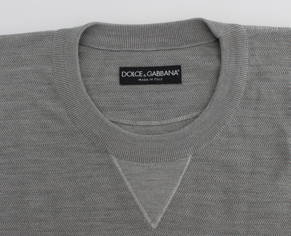 Elegant Gray Silk Crewneck Pullover Sweater - GlamHub Luxury and Icon Brand Clothing