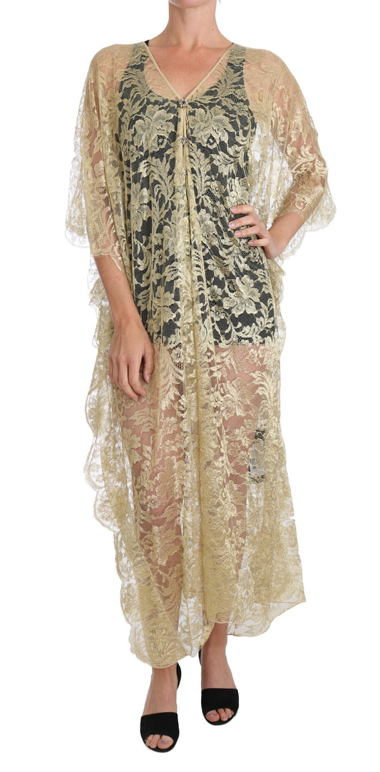 Golden Floral Lace Kaftan Sundress - GlamHub Luxury and Icon Brand Clothing