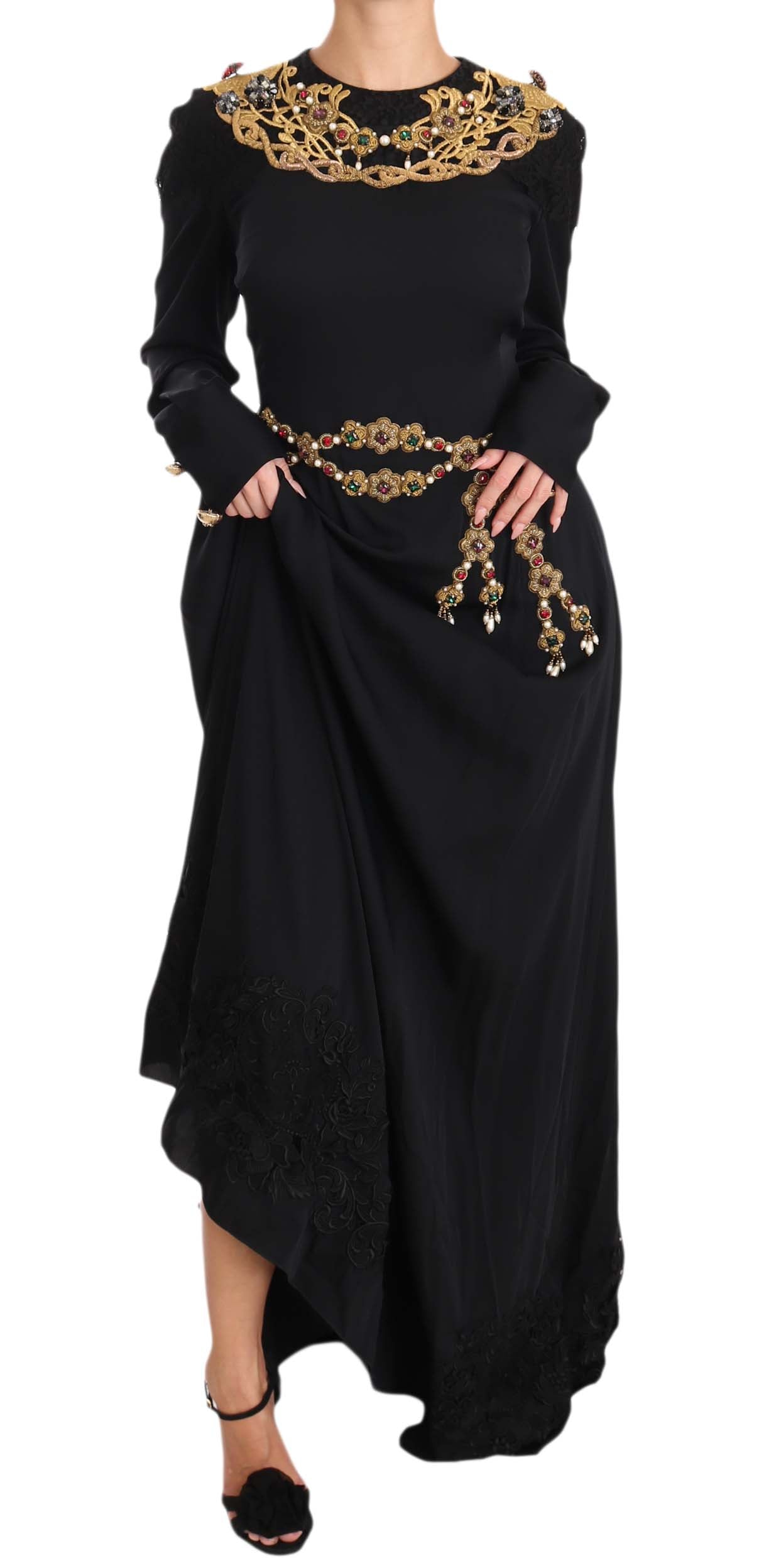 Elegant Maxi Black Dress with Gold Detailing - GlamHub Luxury and Icon Brand Clothing