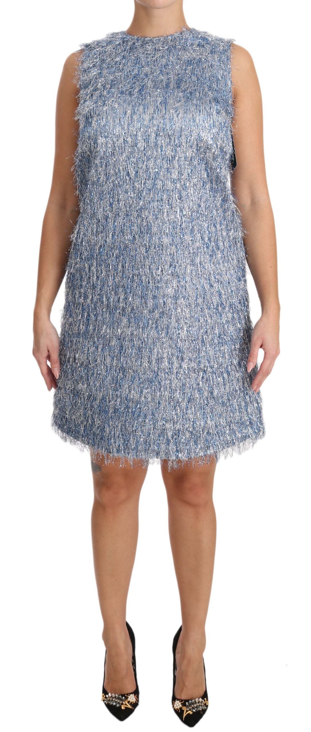 Elegant Light Blue Fringe Shift Dress - GlamHub Luxury and Icon Brand Clothing