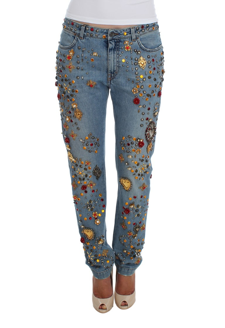 Enchanted Sicily Crystal Heart Boyfriend Jeans - GlamHub Luxury and Icon Brand Clothing