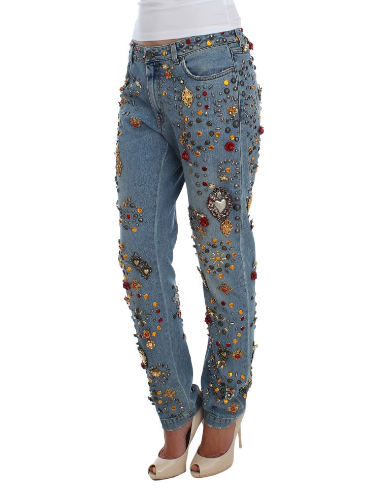 Enchanted Sicily Crystal Heart Boyfriend Jeans - GlamHub Luxury and Icon Brand Clothing