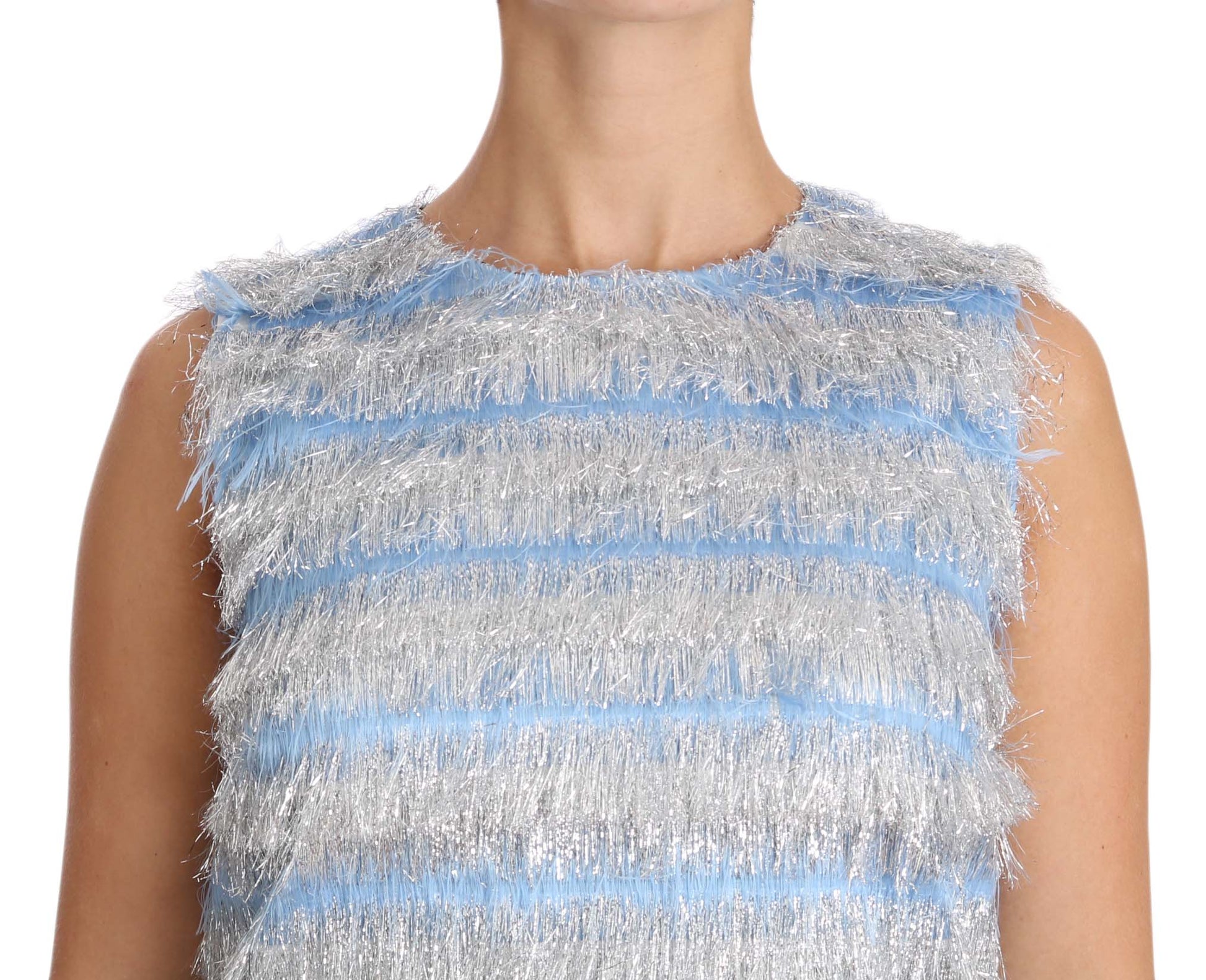 Elegant Light Blue Fringe Shift Dress - GlamHub Luxury and Icon Brand Clothing