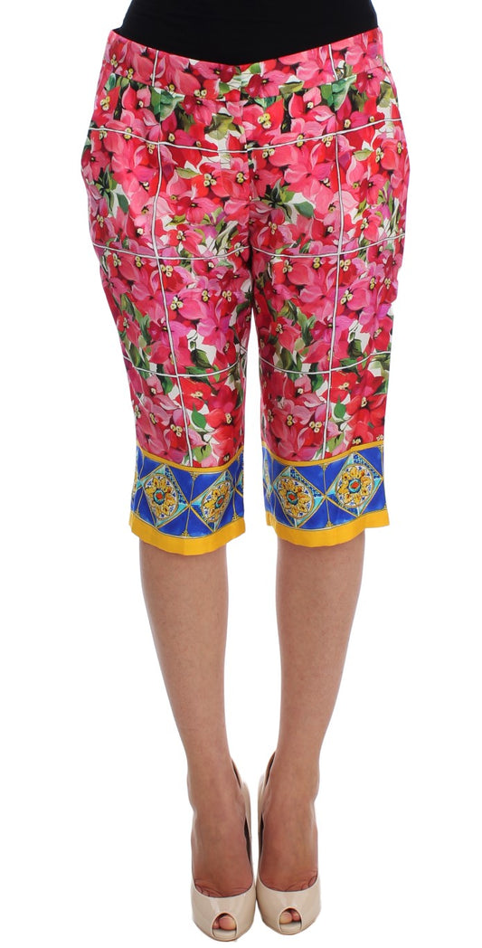 Multicolor Floral Silk Capri Pants - GlamHub Luxury and Icon Brand Clothing