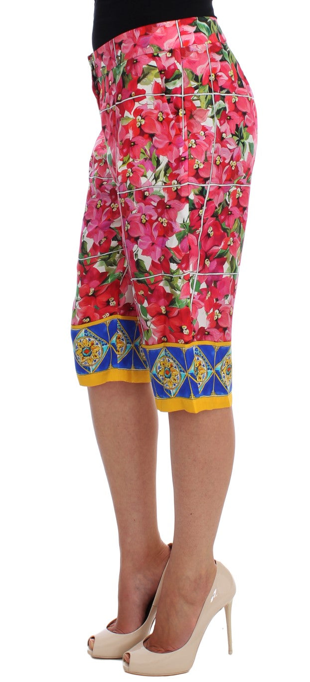 Multicolor Floral Silk Capri Pants - GlamHub Luxury and Icon Brand Clothing