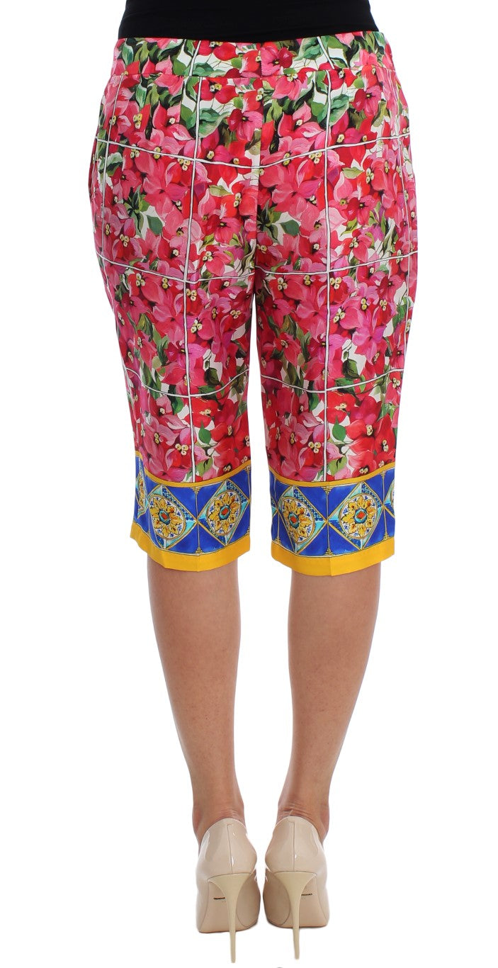 Multicolor Floral Silk Capri Pants - GlamHub Luxury and Icon Brand Clothing