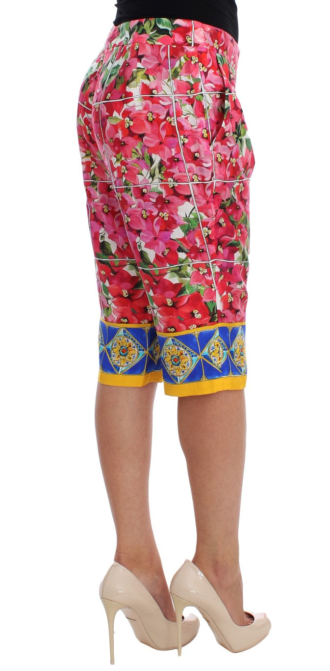 Multicolor Floral Silk Capri Pants - GlamHub Luxury and Icon Brand Clothing