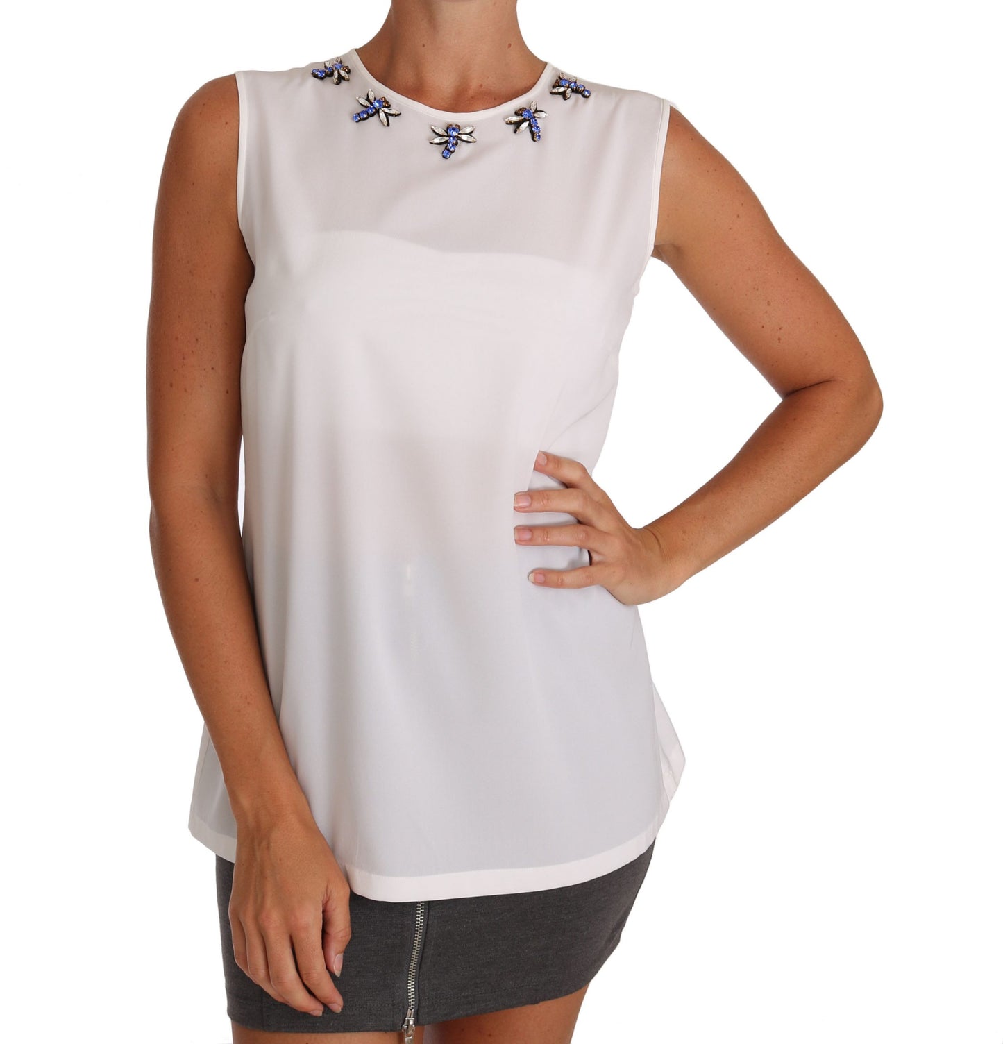 Elegant Embellished Sleeveless Silk Blouse - GlamHub Luxury and Icon Brand Clothing