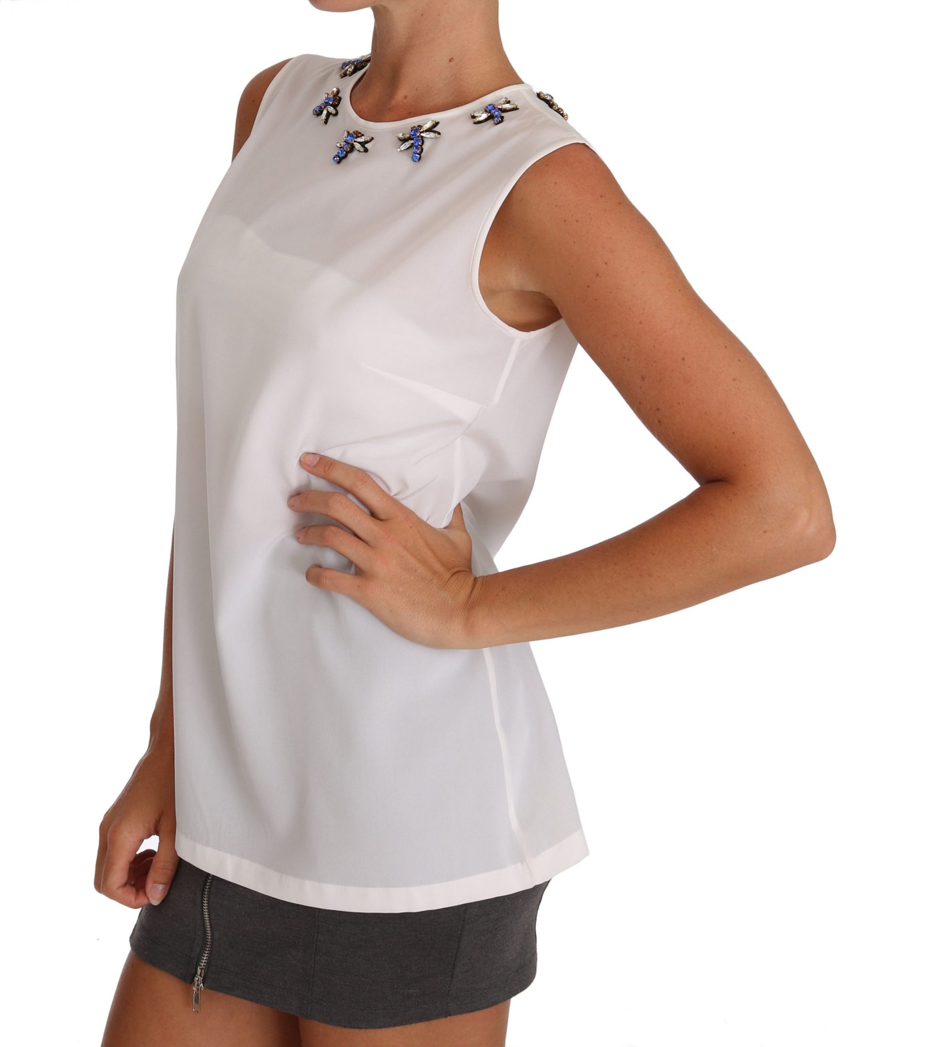 Elegant Embellished Sleeveless Silk Blouse - GlamHub Luxury and Icon Brand Clothing