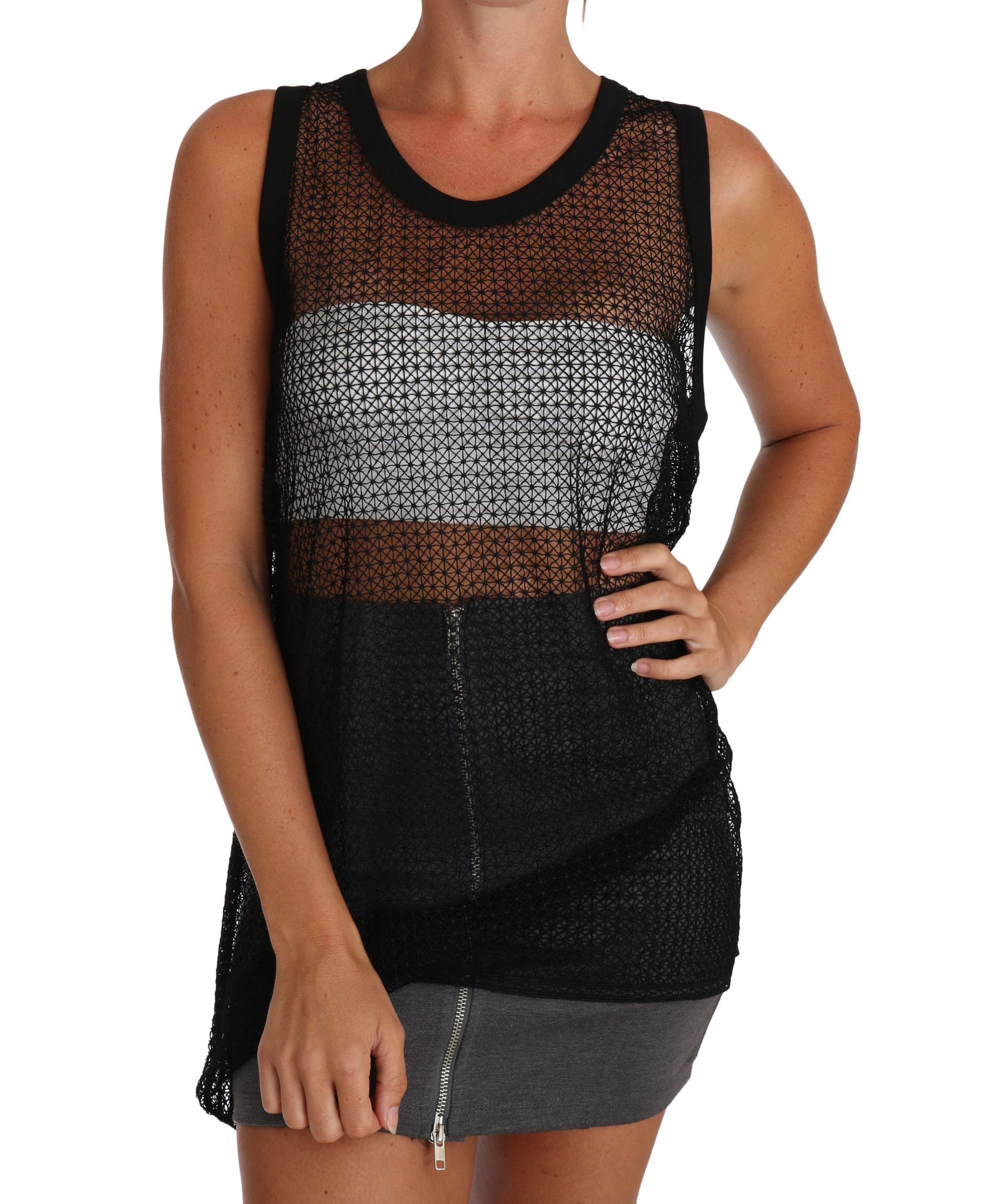 Elegant Sleeveless Black Mesh Top - GlamHub Luxury and Icon Brand Clothing