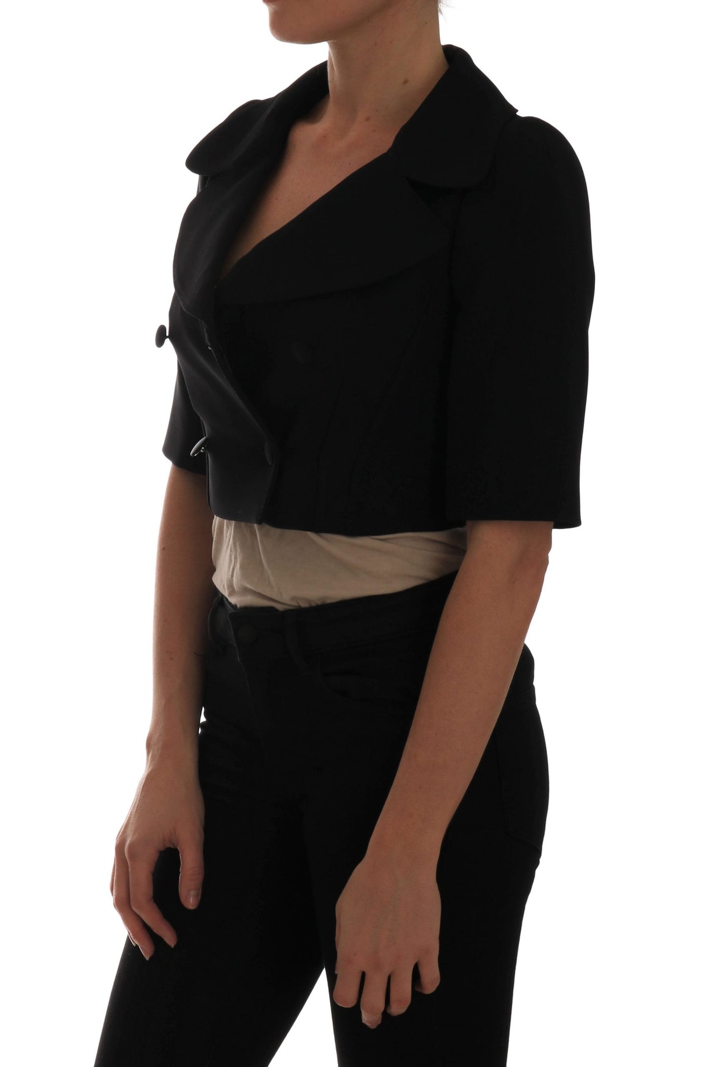 Chic Black Cropped Double Breasted Blazer - GlamHub Luxury and Icon Brand Clothing