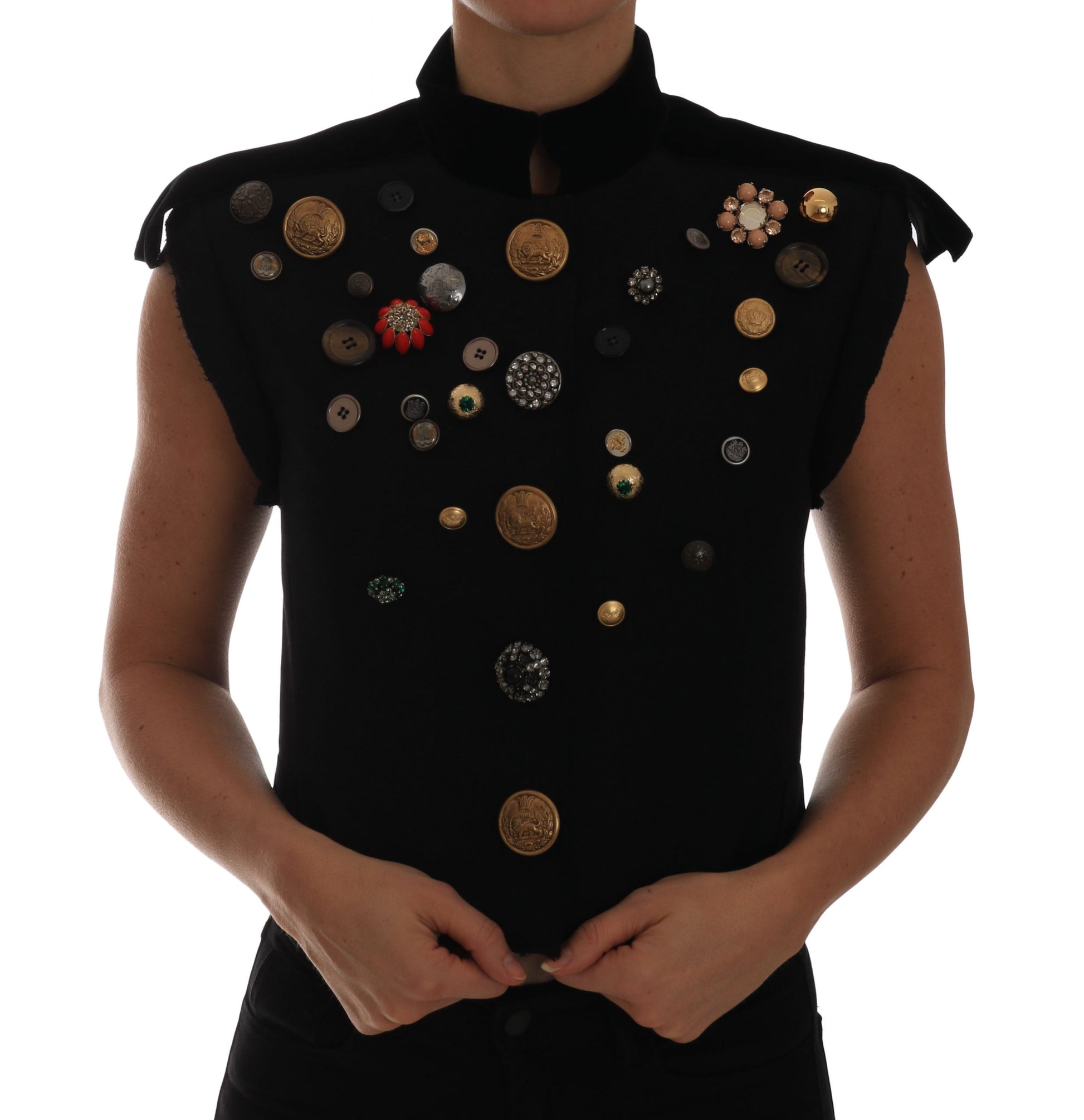 Embellished Black Military Style Vest - GlamHub Luxury and Icon Brand Clothing