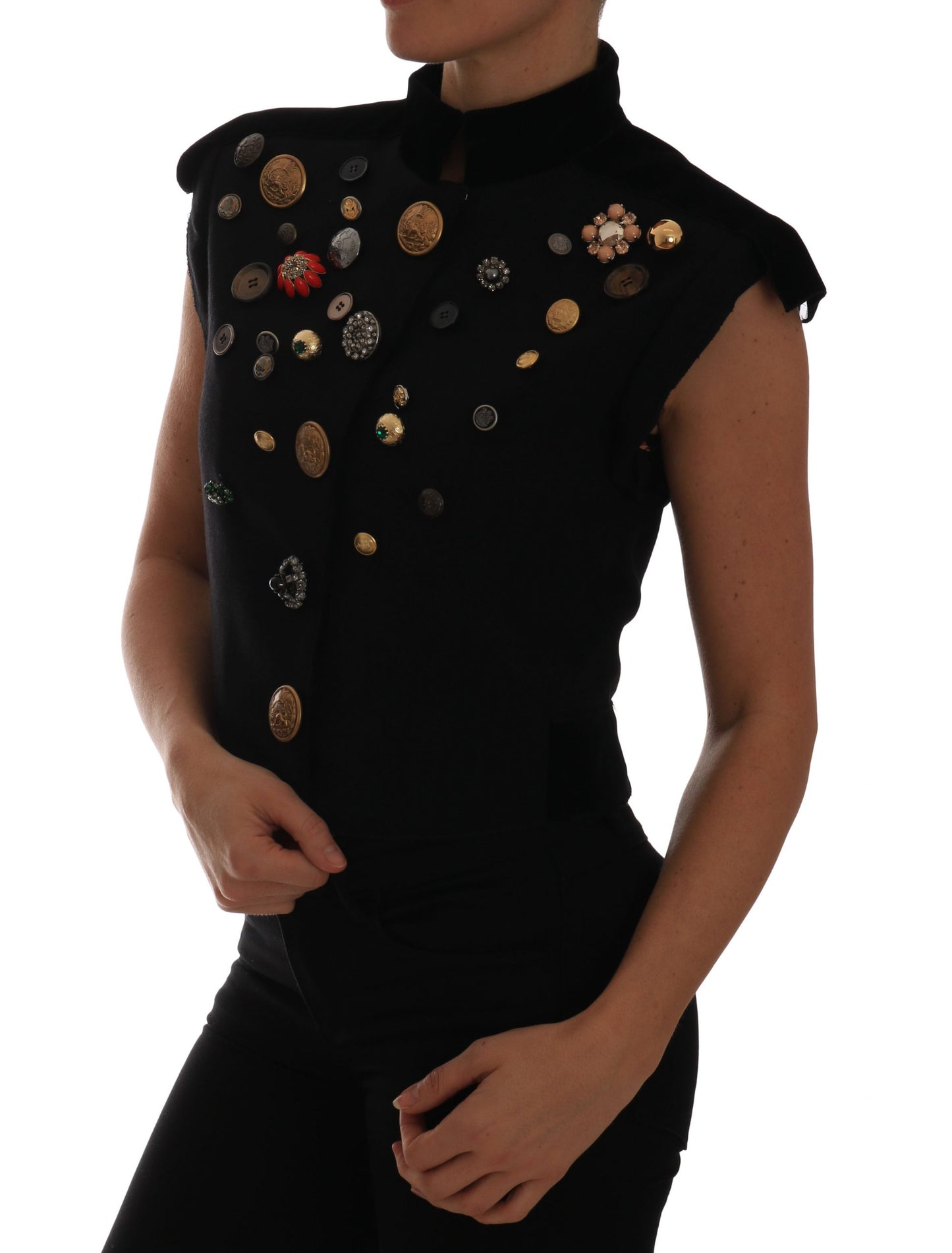 Embellished Black Military Style Vest - GlamHub Luxury and Icon Brand Clothing