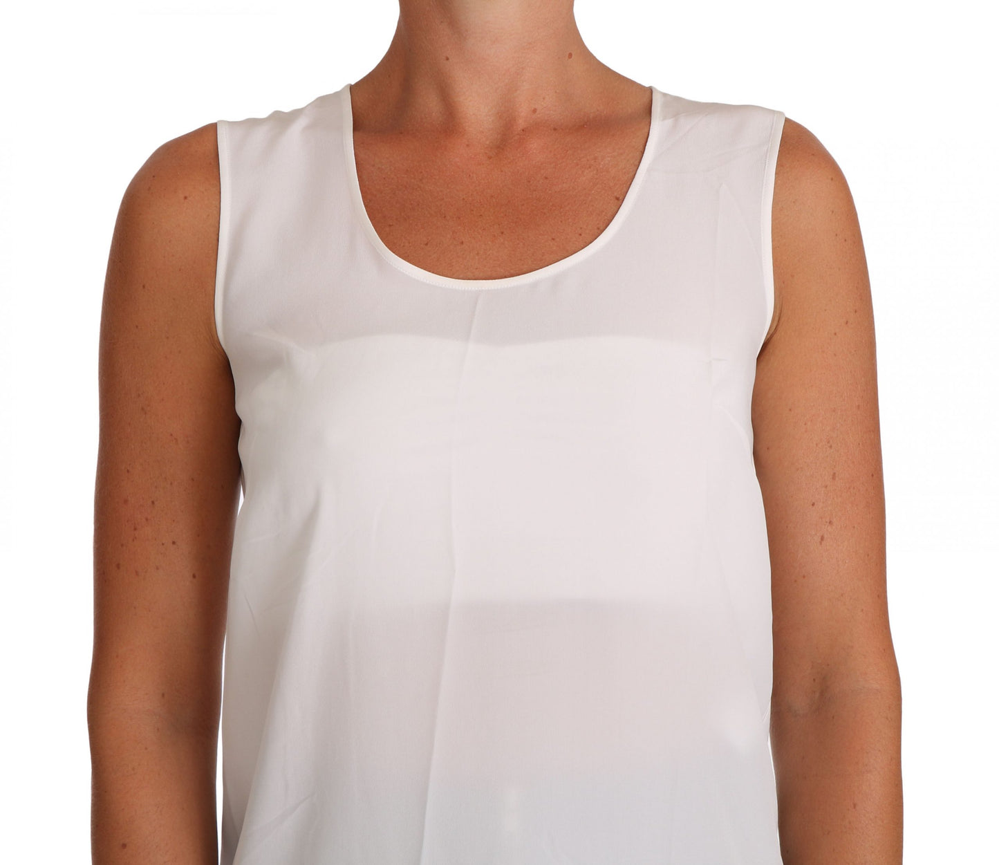 Elegant Sleeveless White Silk Blouse Top - GlamHub Luxury and Icon Brand Clothing