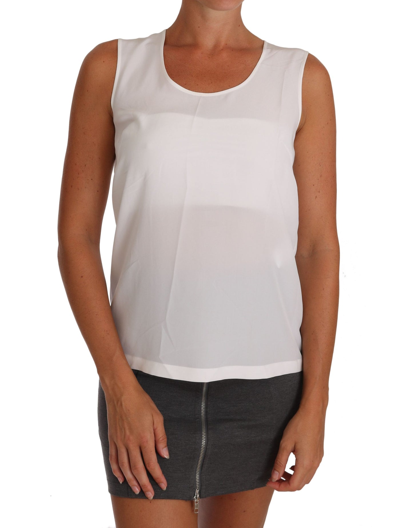 Elegant Sleeveless White Silk Blouse Top - GlamHub Luxury and Icon Brand Clothing