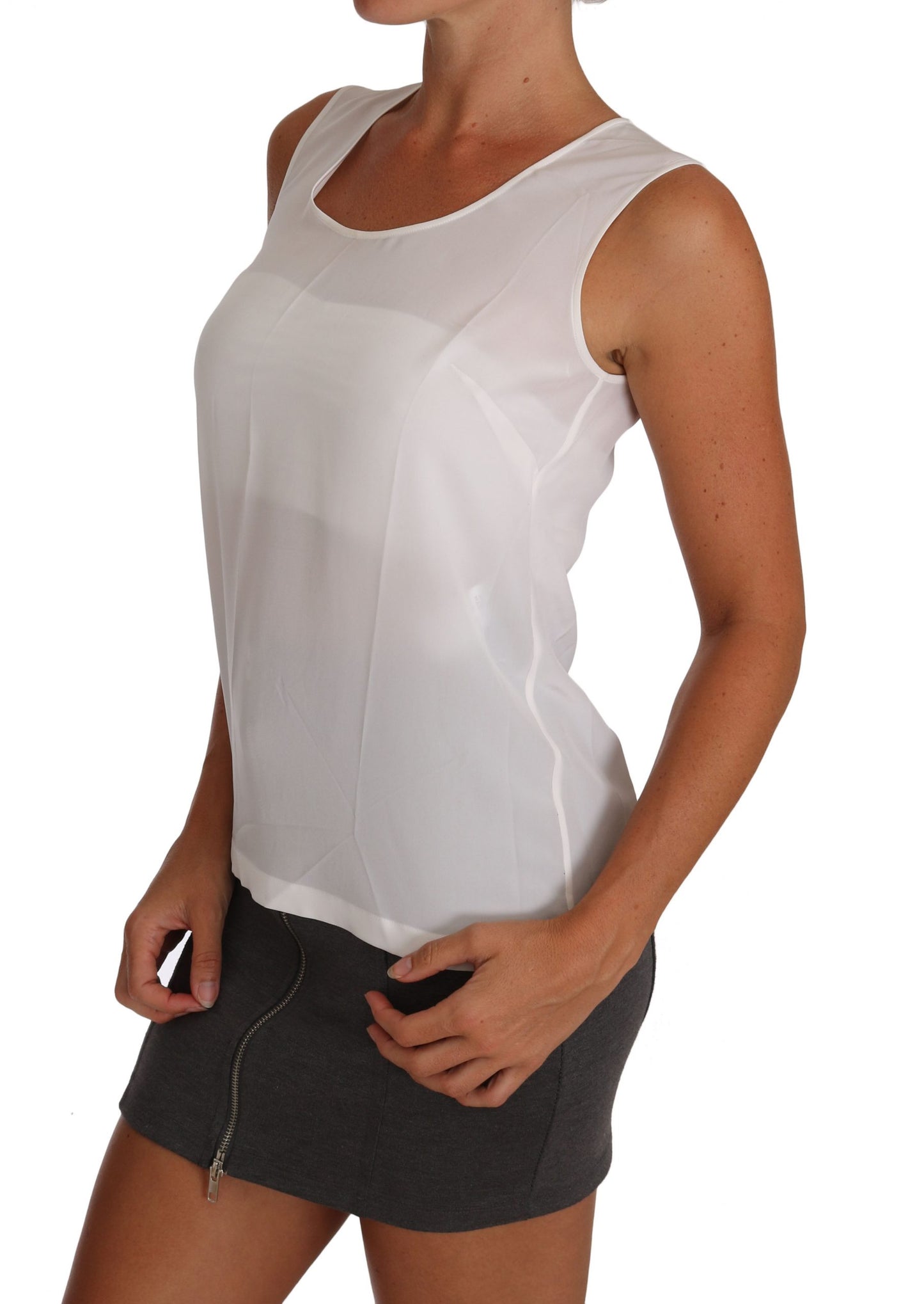 Elegant Sleeveless White Silk Blouse Top - GlamHub Luxury and Icon Brand Clothing