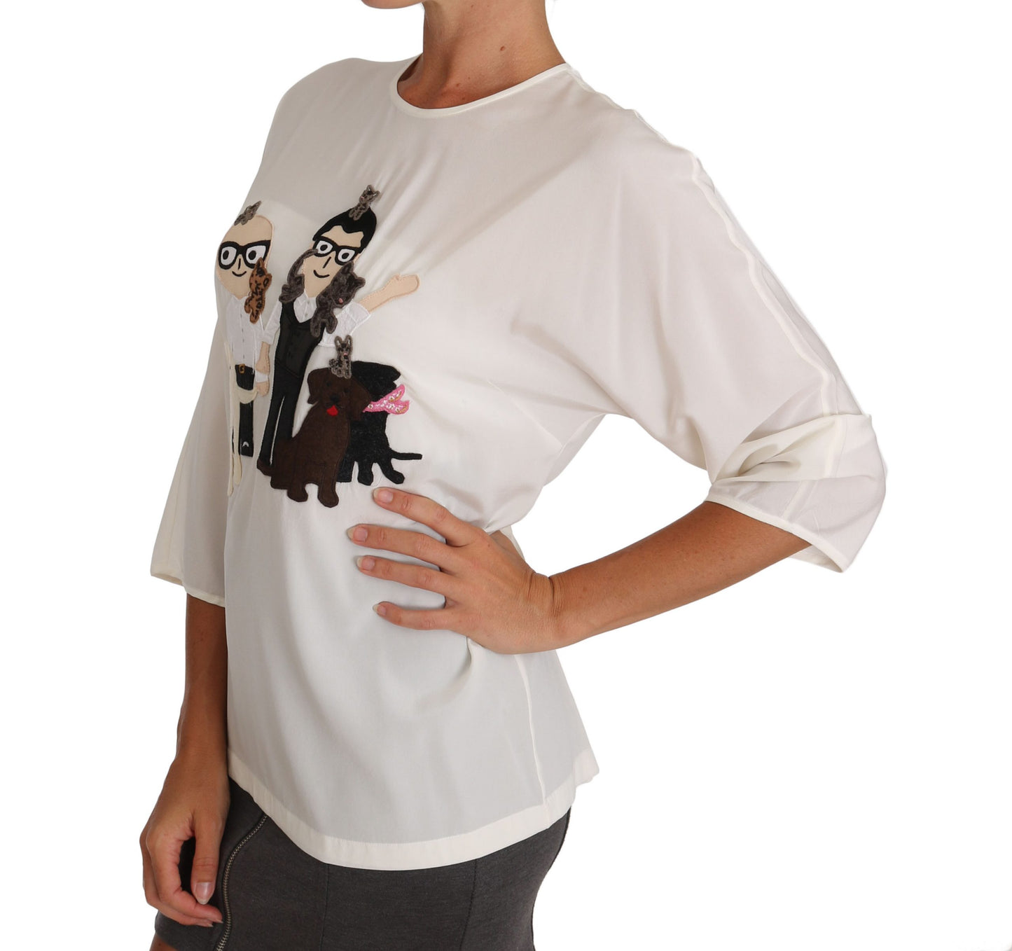 Chic Figure Family Applique Silk Top - GlamHub Luxury and Icon Brand Clothing