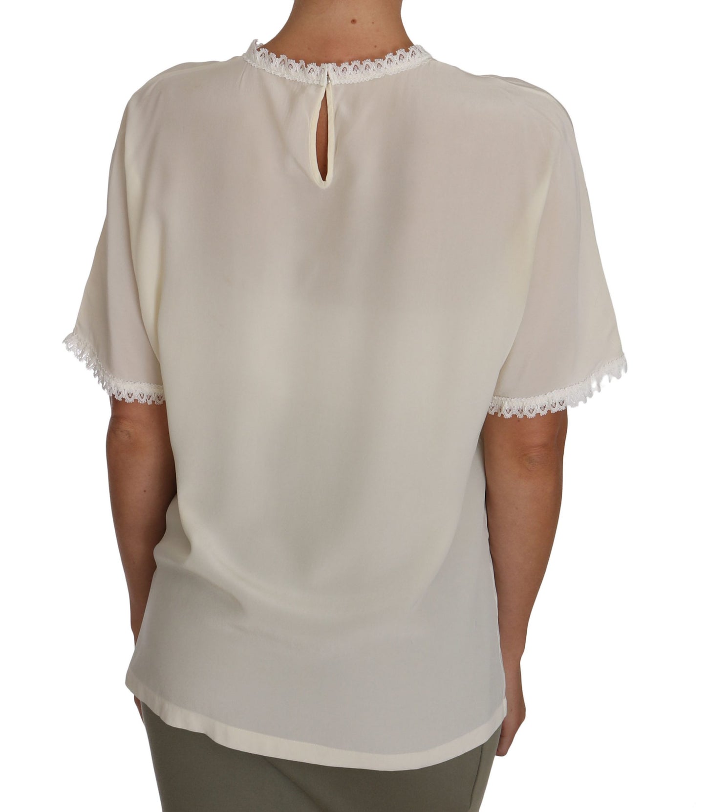 Cream Silk Lace-Detailed Blouse Top - GlamHub Luxury and Icon Brand Clothing