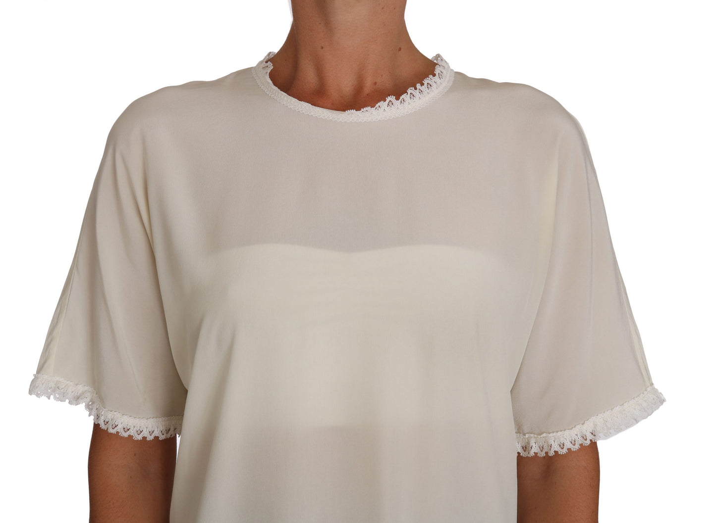 Cream Silk Lace-Detailed Blouse Top - GlamHub Luxury and Icon Brand Clothing