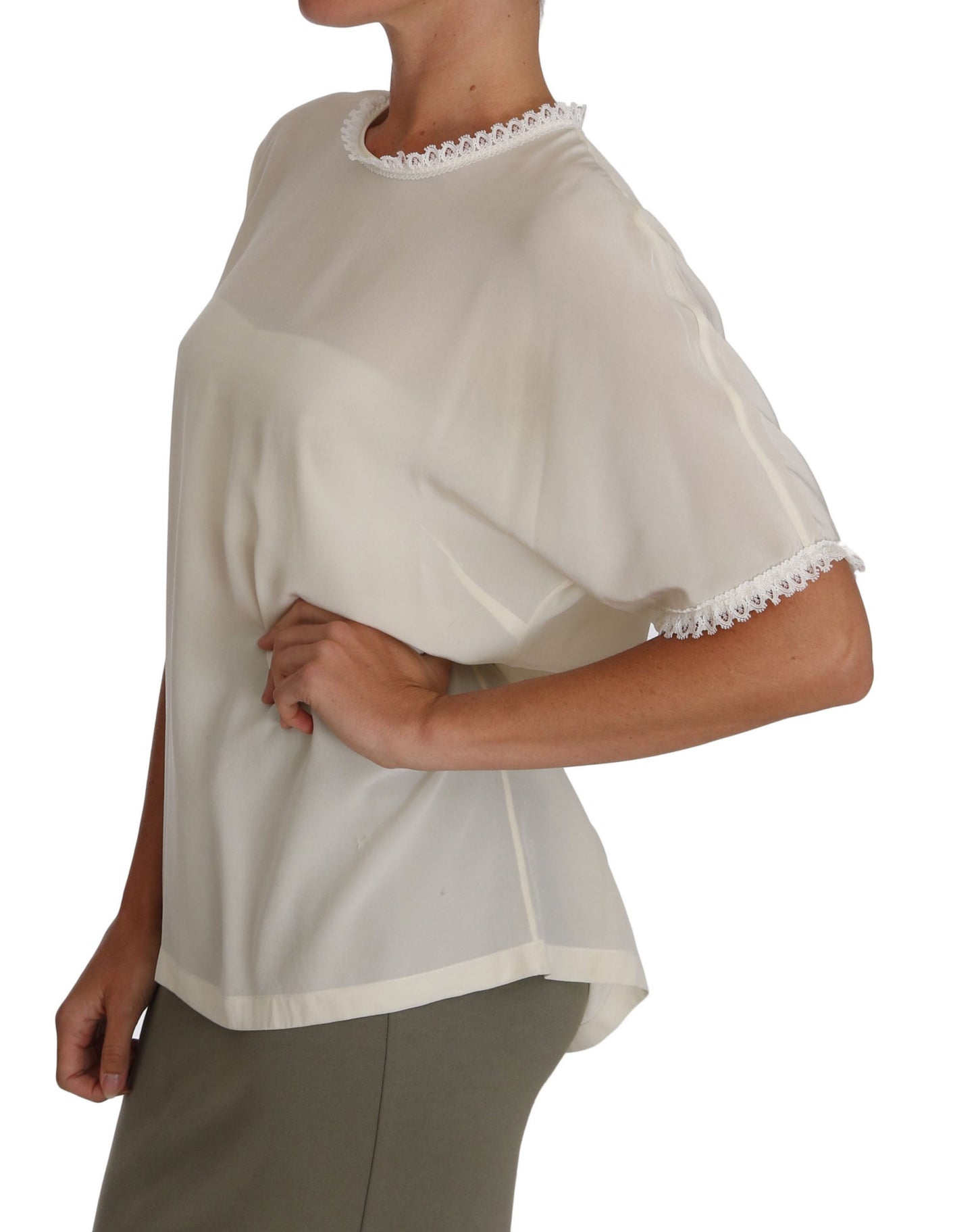 Cream Silk Lace-Detailed Blouse Top - GlamHub Luxury and Icon Brand Clothing