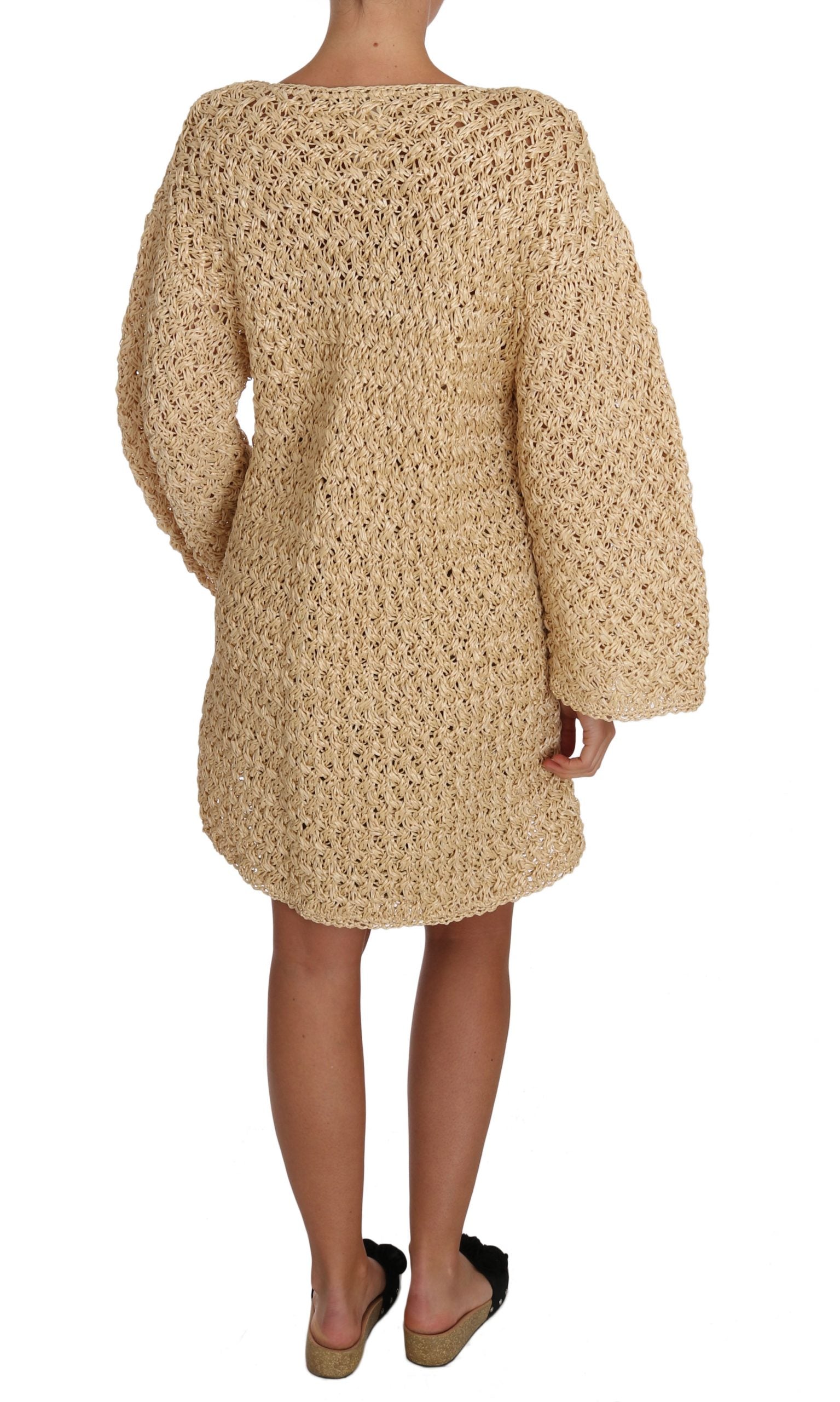 Chic Beige Crochet Knitted Raffia Cardigan - GlamHub Luxury and Icon Brand Clothing