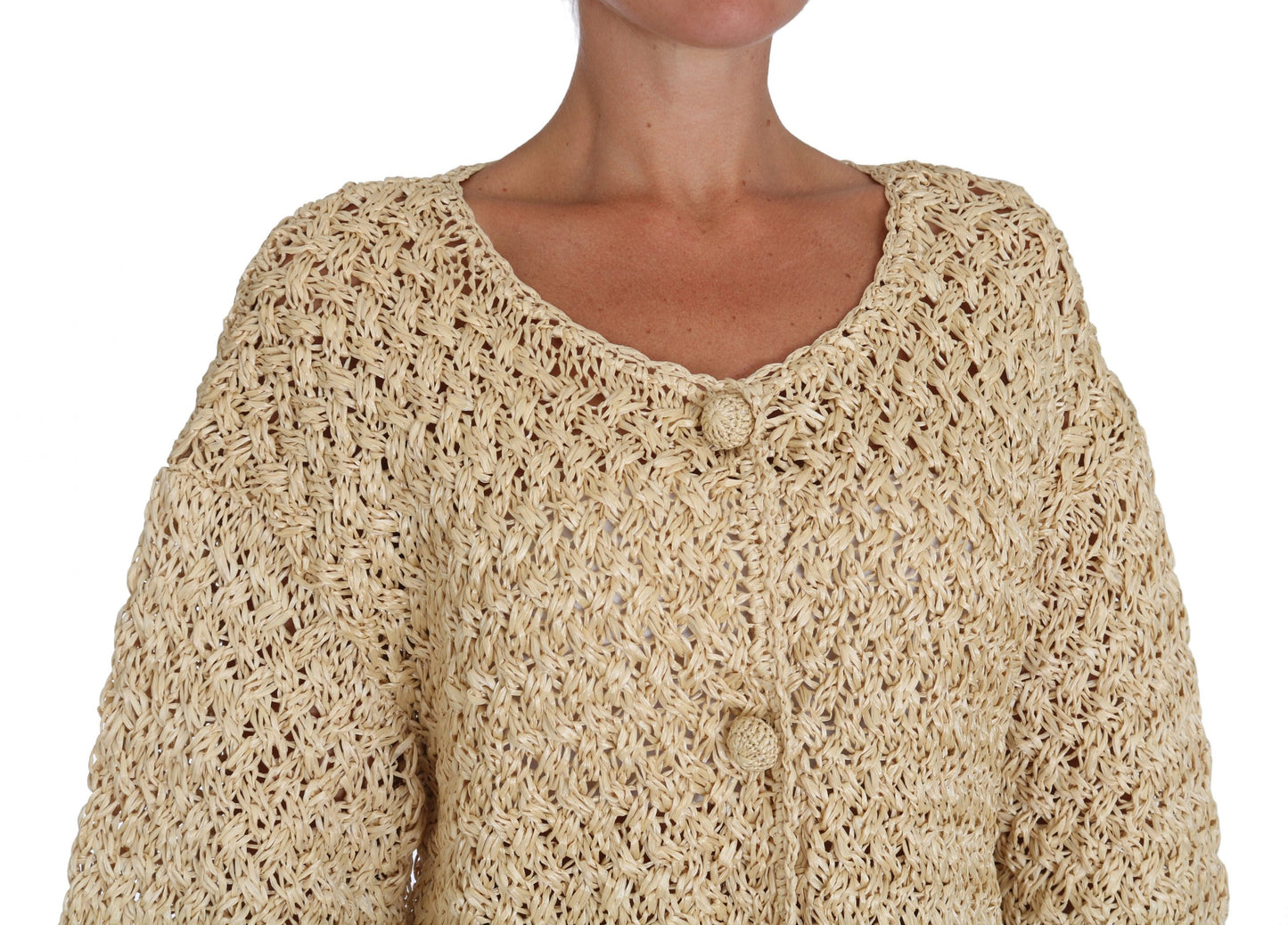 Chic Beige Crochet Knitted Raffia Cardigan - GlamHub Luxury and Icon Brand Clothing