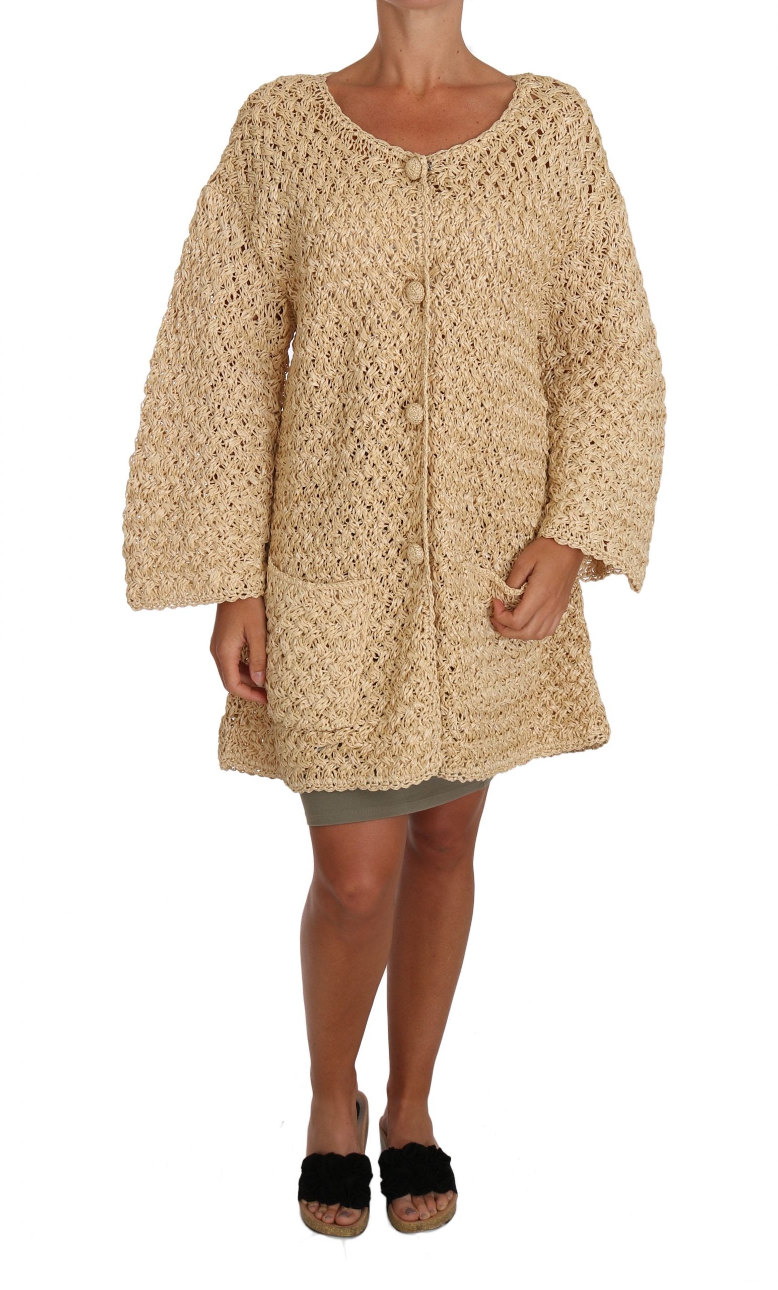 Chic Beige Crochet Knitted Raffia Cardigan - GlamHub Luxury and Icon Brand Clothing