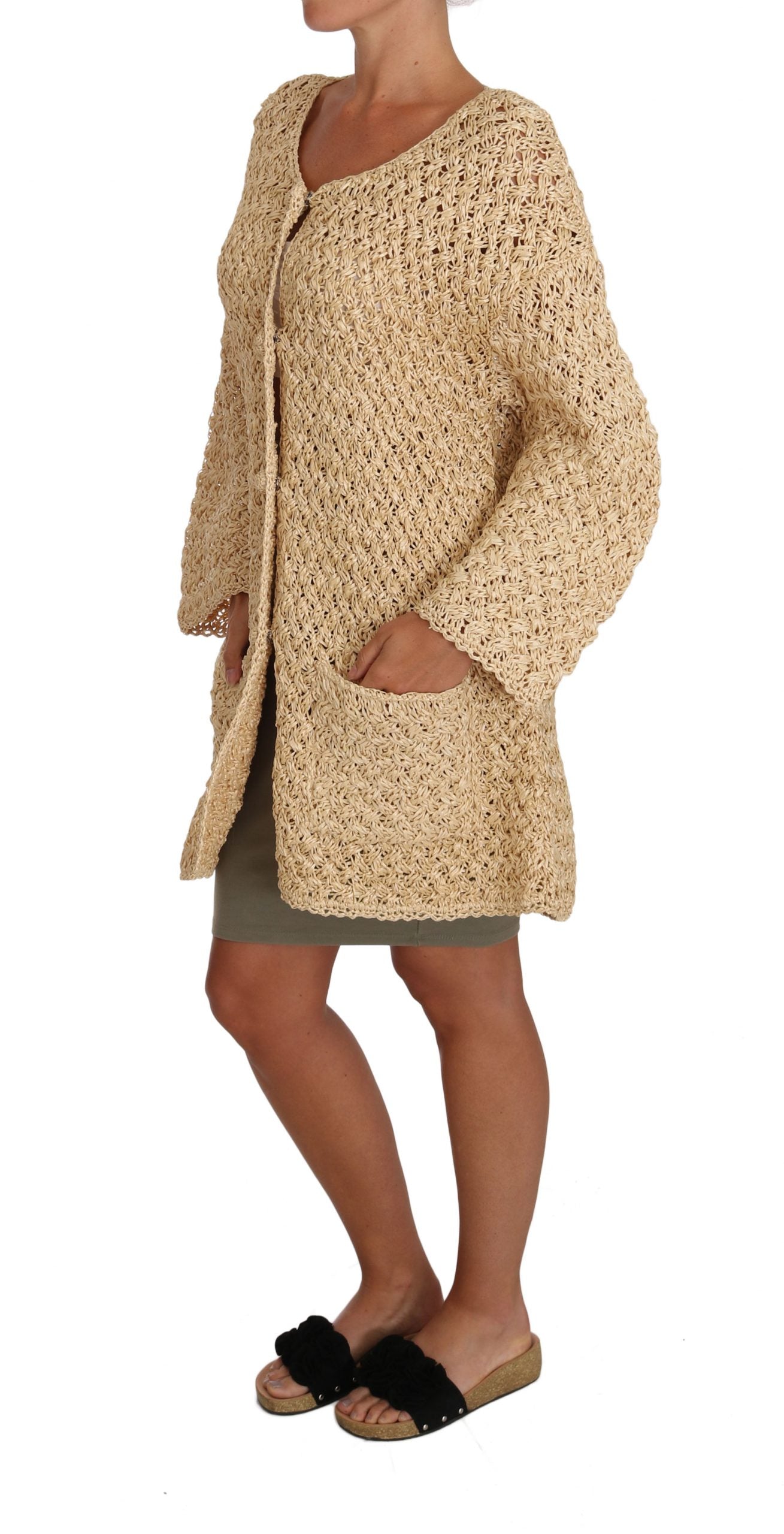 Chic Beige Crochet Knitted Raffia Cardigan - GlamHub Luxury and Icon Brand Clothing