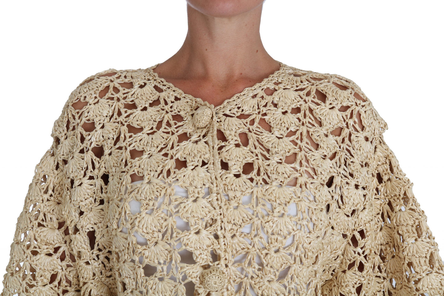 Chic Beige Crochet Raffia Cardigan - GlamHub Luxury and Icon Brand Clothing